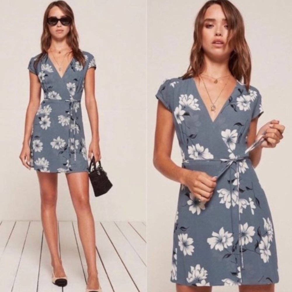 Reformation Dusty Blue Floral Wrap Mini Dress in Frederica Print